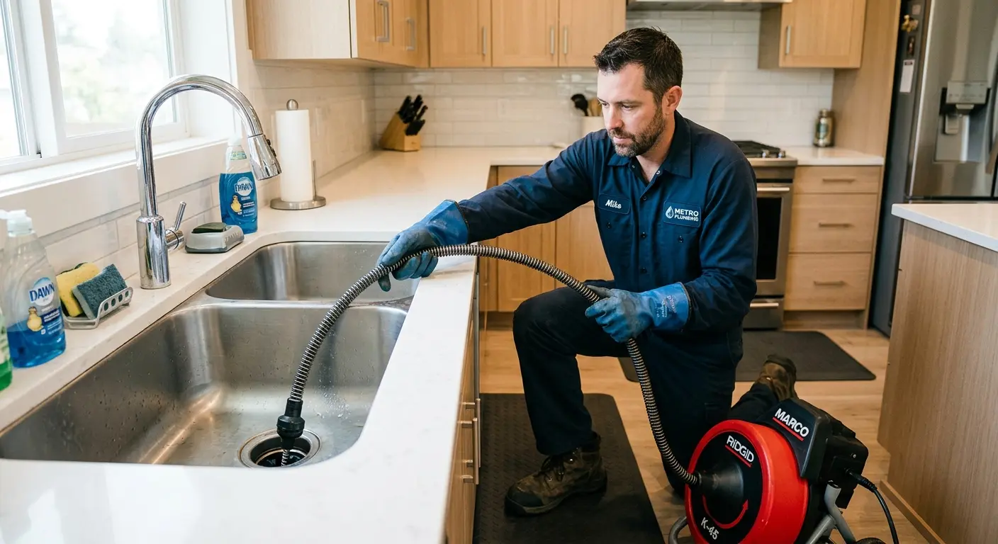 Drain cleaning technician using a motorized snake on a kitchen sink in Waukesha