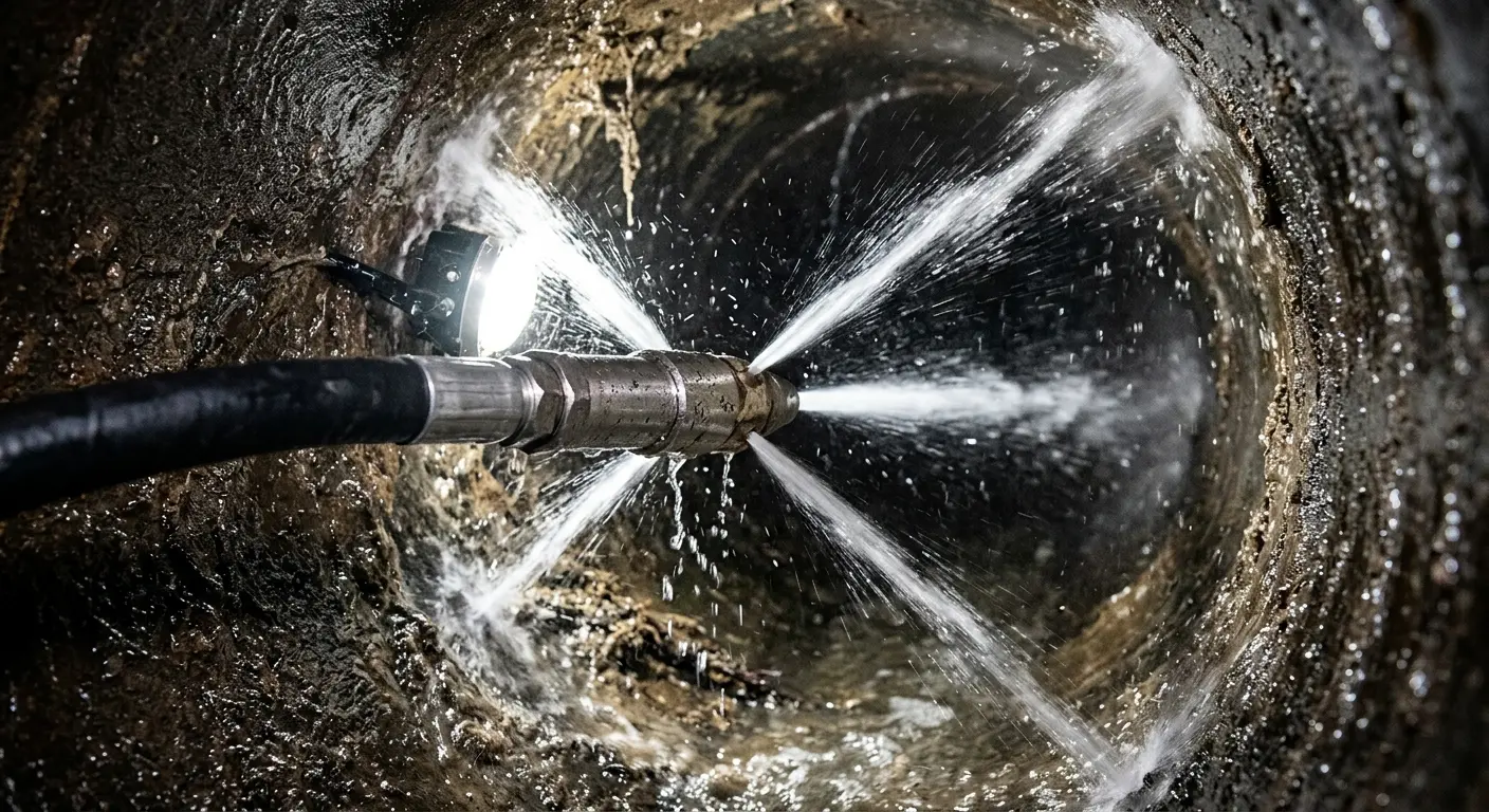 High-pressure hydro jetting nozzle cleaning sewer pipe for Sewer Cleanout in Waukesha