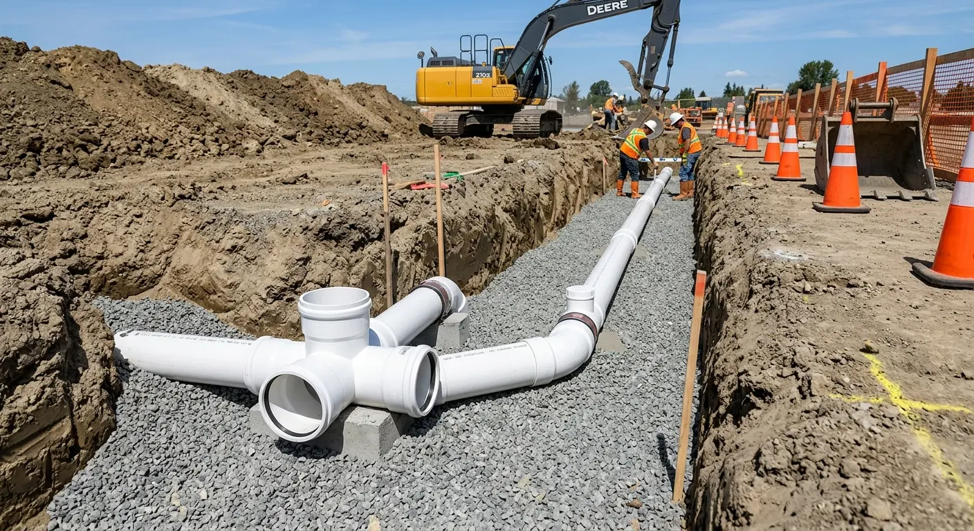 New PVC sewer pipe installation in open trench for Sewer Backup in Waukesha