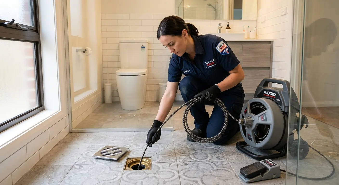 Technician clearing a bathroom floor drain for Drain Cleaning in Waukesha
